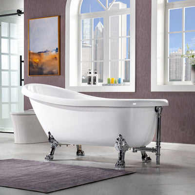 WOODBRIDGE 67" Heavy Duty Acrylic Slipper Clawfoot Bath Tub with Chrome Feet + Chrome Drain &Overflow