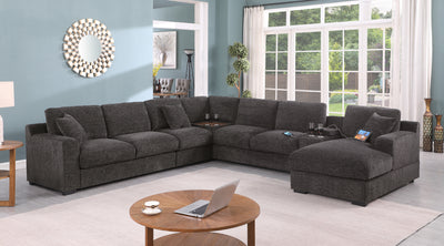 Celine 141.5" Gray Chenille Fabric Corner Sectional Sofa with Right-Facing Chaise, Cupholders, and Charging Ports