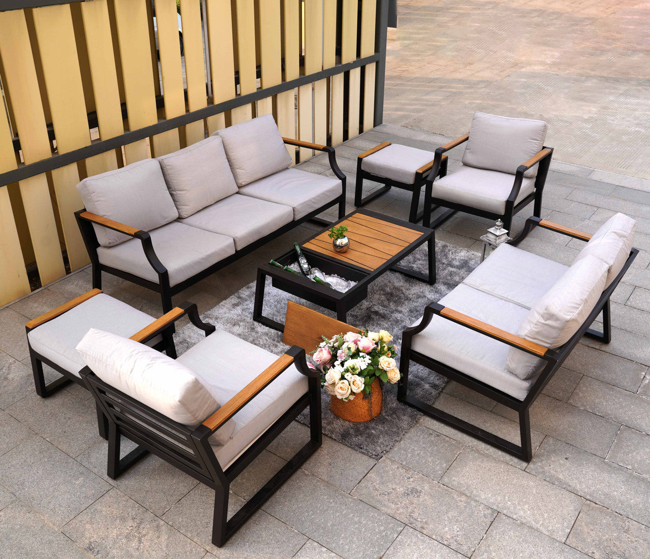 Direct Wicker Outdoor Black Iron Conversational Sofa Set With Gray Cushions And Drink Cooler PAS-2101-BK