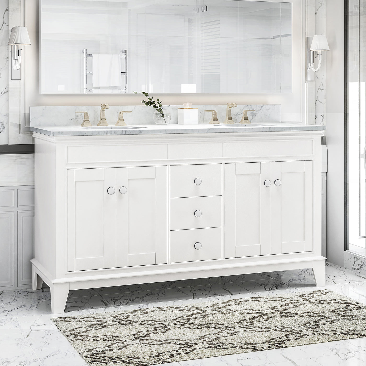 61'' Bathroom Vanity with Marble Top & Double Ceramic Sinks, 3 Drawers, 4 Doors, White