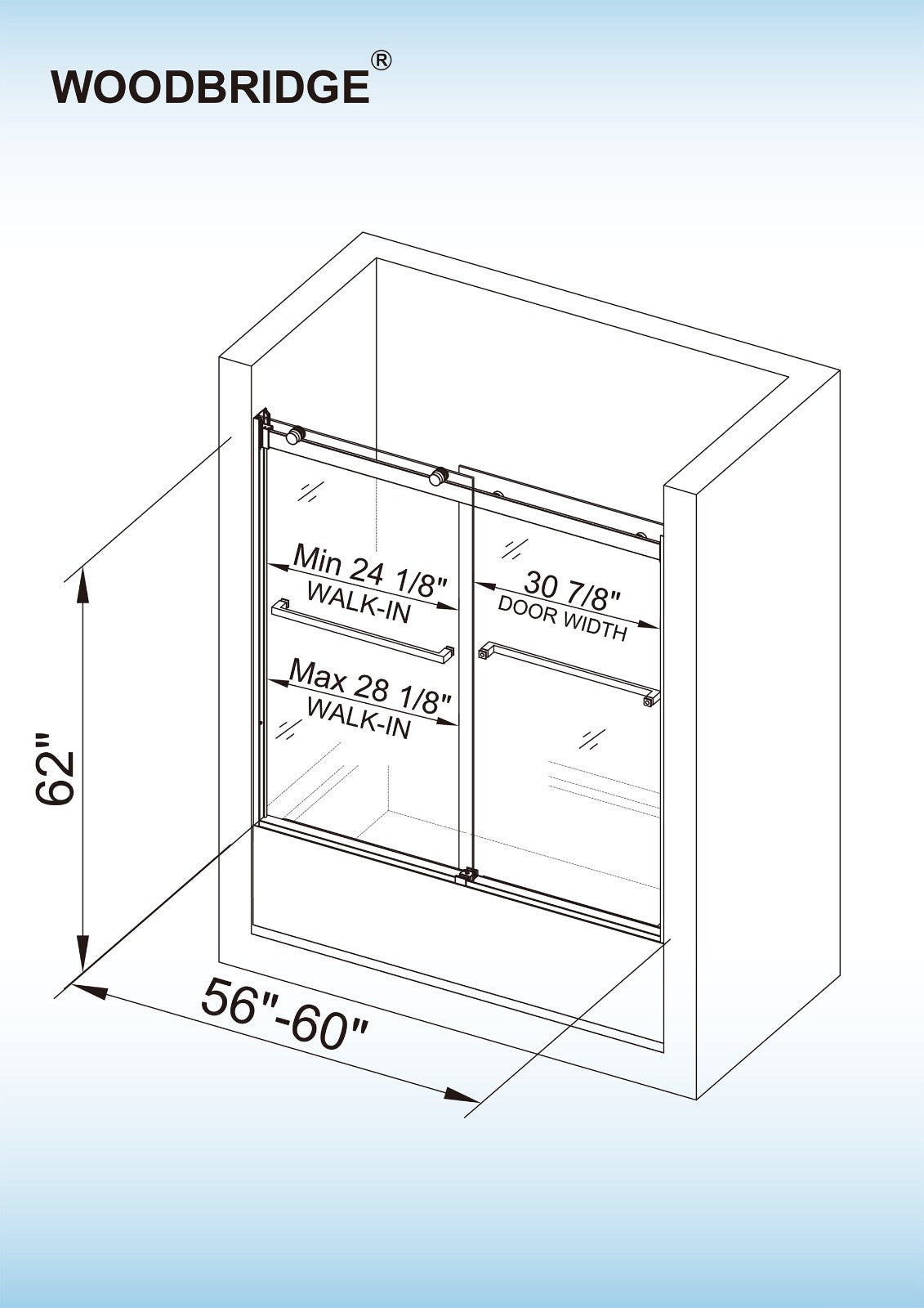 WOODBRIDGE Frameless Bathtub Shower Doors 56-60" Width x 62"Height with 5/16"(8mm) Clear Tempered Glass, 2 Ways Opening & Double Sliding in Polished Chrome