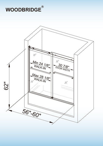 WOODBRIDGE Frameless Bathtub Shower Doors 56-60" Width x 62"Height with 5/16"(8mm) Clear Tempered Glass, 2 Ways Opening & Double Sliding in Polished Chrome