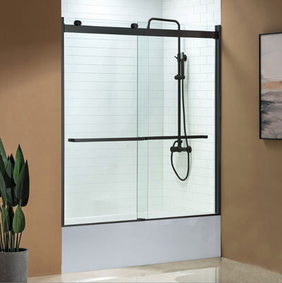 WOODBRIDGE Frameless Bathtub Shower Doors 56-60" Width x 62"Height with 5/16"(8mm) Clear Tempered Glass, 2 Ways Opening & Double Sliding in Matte Black Finish,ASD6062-MBL