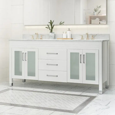 73'' Bathroom Vanity with Marble Top & Double Ceramic Sinks, 4 Doors with Glass, 3 Drawers, White