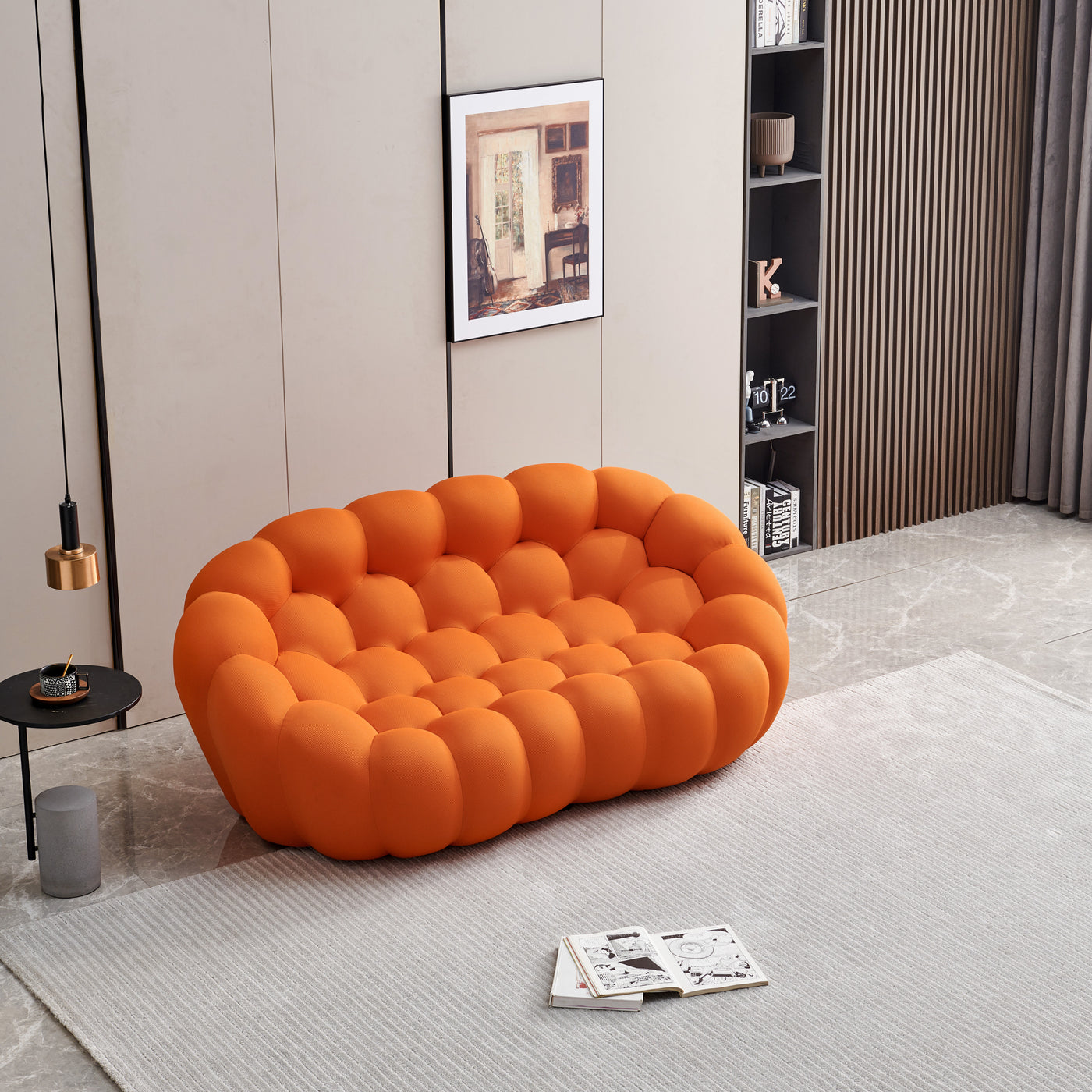 74.8" Modern Loveseat Bubble Sofa Couch, 2 Seater Upholstered Floor Sofa, Honeycomb Shaped Bubble Couch with 3D Textile Mesh Fabric for Living Room Salon, Apartment (Orange)