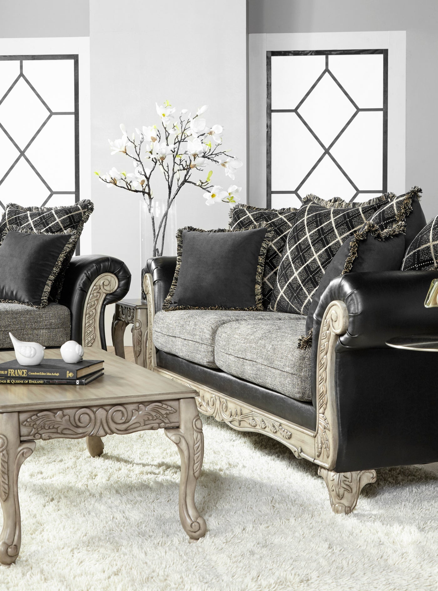 San Marino 2-Tone Fabric Wooden Frame Sofa and Loveseat with 3 Tables Set