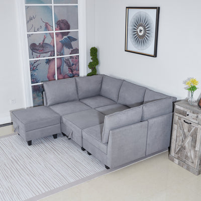 7 seat couch Woven Fabric 7 Seater Sectional Sofa with Storage Grey