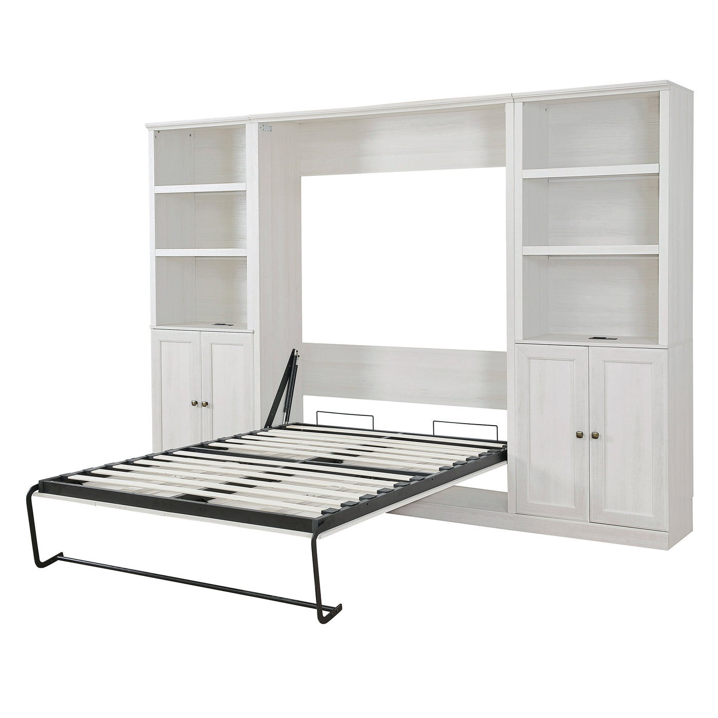 Full Size Half Self-Close and Open Murphy Bed with 2 Side Cabinet Storage Shelf, Cabinet Space-Saving Bed Perfect for Guest Room, Bed Room, Guest Room, Home Office, Rustic White