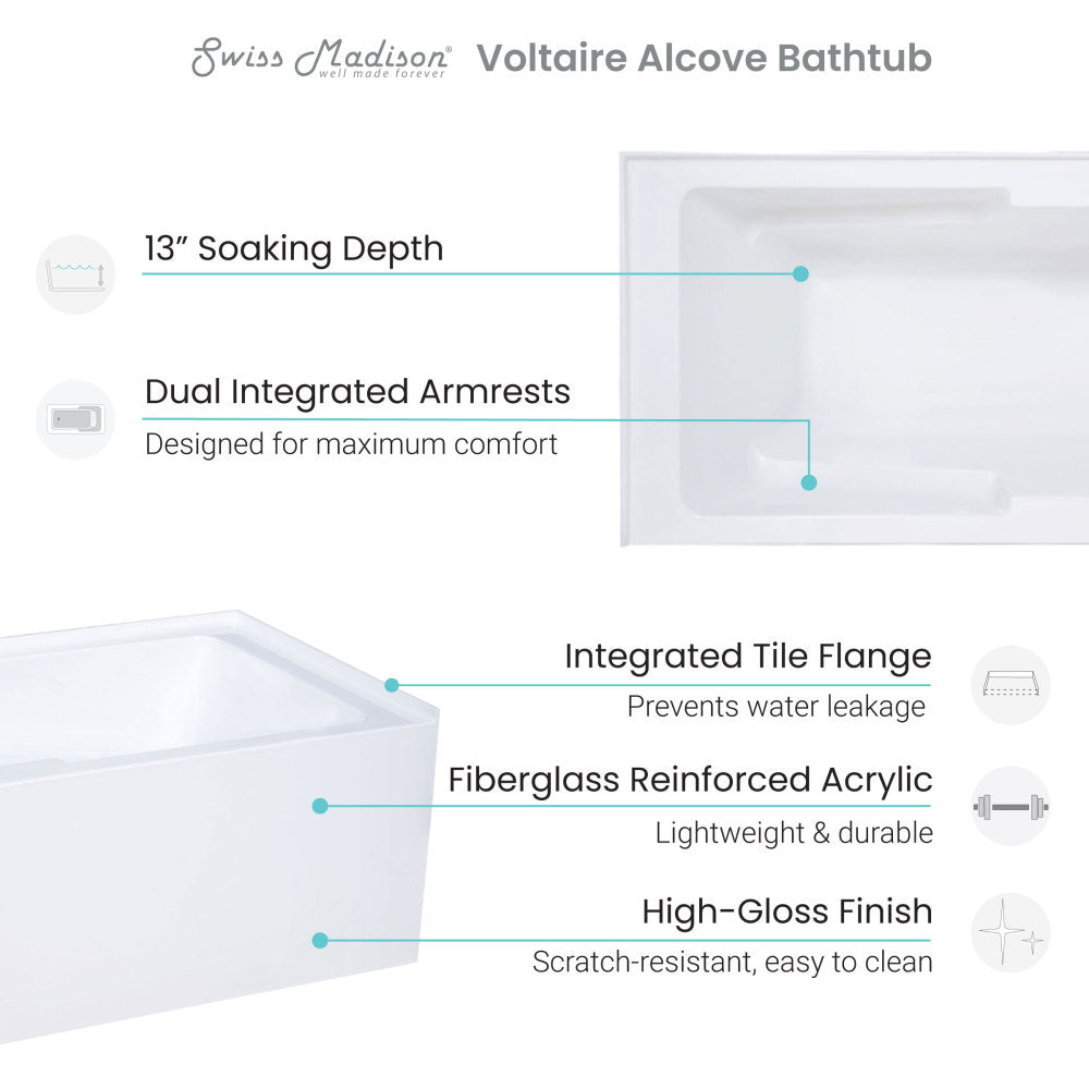 Swiss Madison Voltaire 60" x 30" Right-Hand Drain Alcove Bathtub with Apron and Armrest SM-AB540