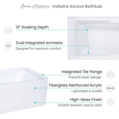 Swiss Madison Voltaire 60" x 30" Right-Hand Drain Alcove Bathtub with Apron and Armrest SM-AB540