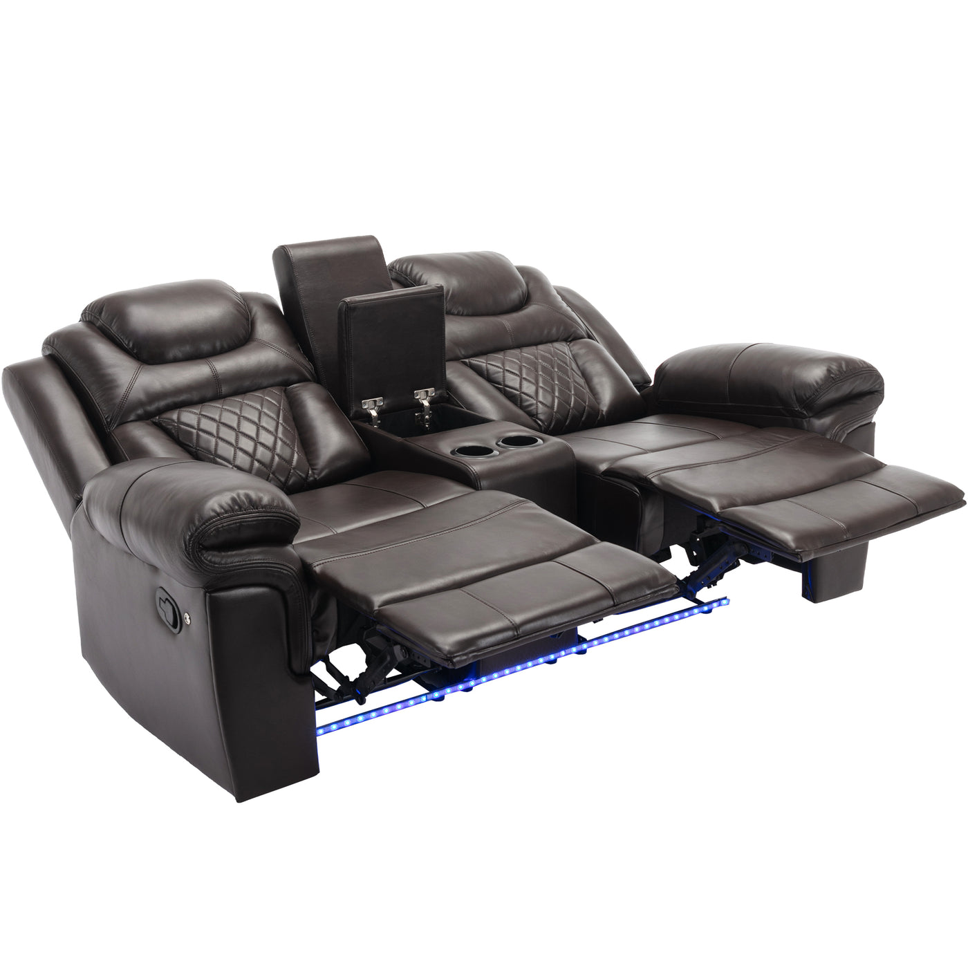 3 Pieces Recliner Sofa Sets Home Theater Seating Manual Recliner Chair with Center Console and LED Light Strip for Living Room, Brown