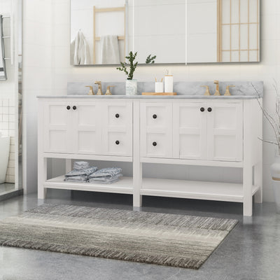 73'' Bathroom Vanity with Marble Top & Double Ceramic Sinks, 4 Doors, 4 Drawers, Open Shelf, White