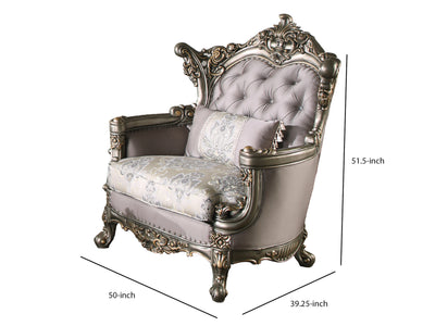 Wooden Chair with Engravings and Cabriole Legs, Purple and Silver