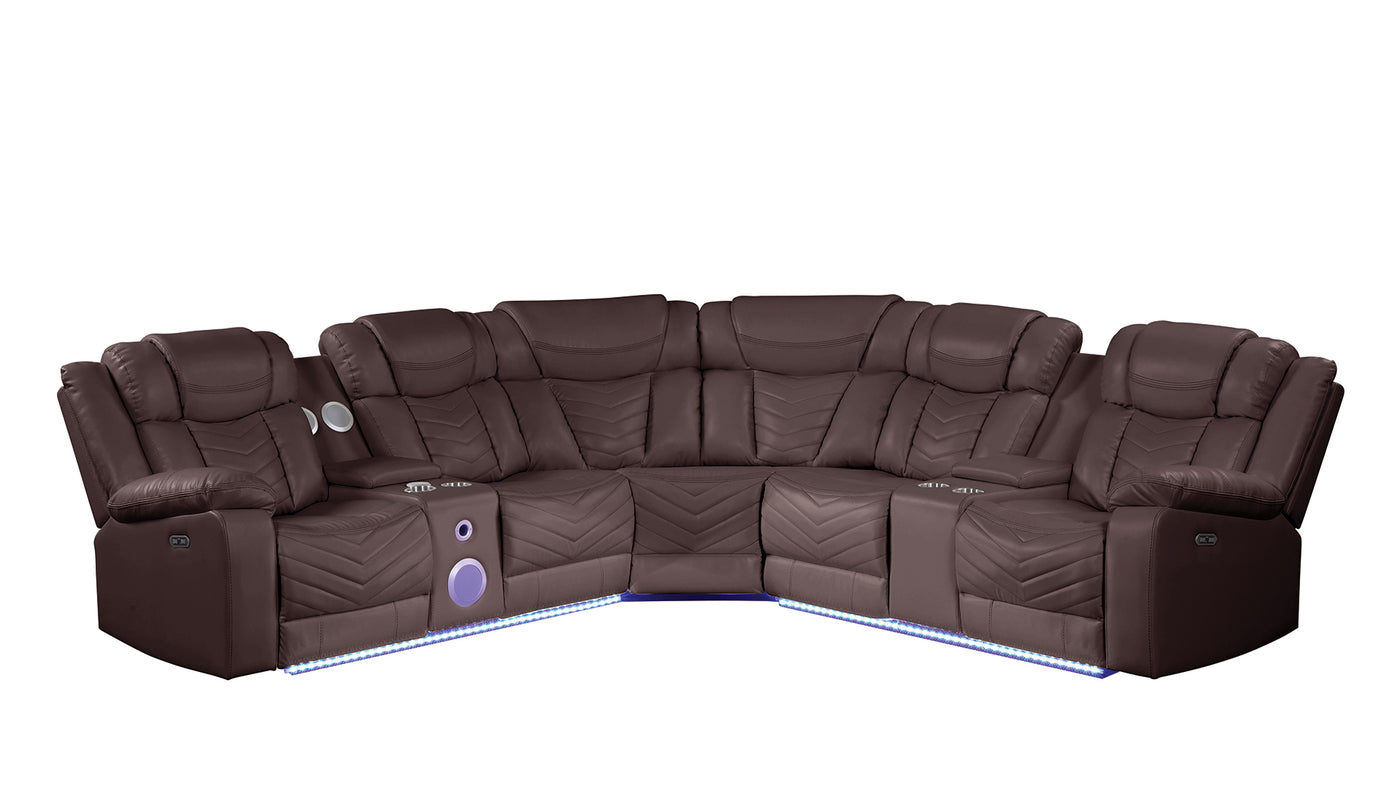 Challenger Modern Style Recliner Sectional Sofa, Built in USB-C Ports & Bluetooth, made with Wood & Faux Leather in Brown