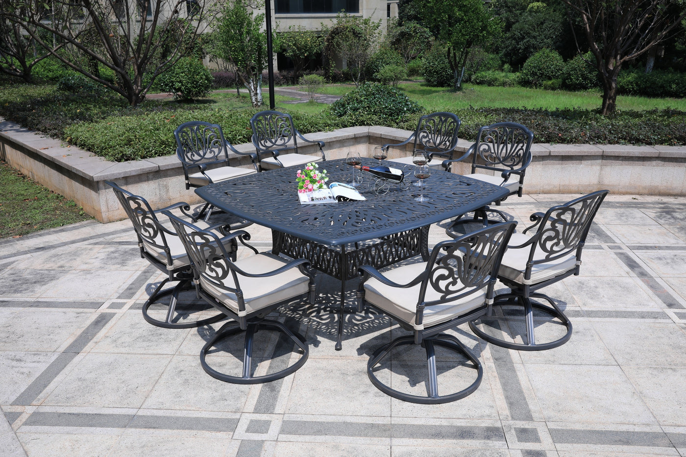 Square 8 - Person 64" Long Aluminum Dining Set with Sunbrella Cushions