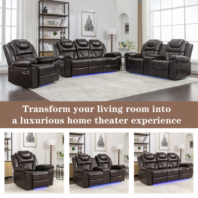 3 Pieces Recliner Sofa Sets Home Theater Seating Manual Recliner Chair with Center Console and LED Light Strip for Living Room, Brown