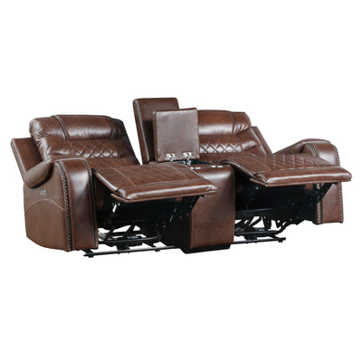 Luxurious Living Room Furniture 2pc Power Reclining Sofa Set Brown Breathable Faux Leather Upholstery Center Drop-Down Cup Holders, Power Outlets, USB Ports, Diamond Pattern Stitching