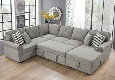 117" Oversized Sectional Sofa with Storage Chaise, Rolled Arms U Shaped Sectional Couch ,Removable Soft Backrest Cushions, with 4 Throw Pillows for Large Space Dorm Apartment,Light Gray