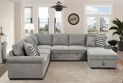 117" Oversized Sectional Sofa with Storage Chaise, Rolled Arms U Shaped Sectional Couch ,Removable Soft Backrest Cushions, with 4 Throw Pillows for Large Space Dorm Apartment,Light Gray