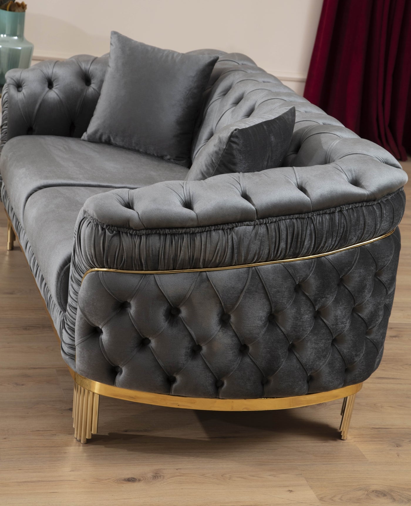 Vanessa 2 PC Livingroom Set in Grey and Gold with Fabric button-tufted velvet upholstery Finish