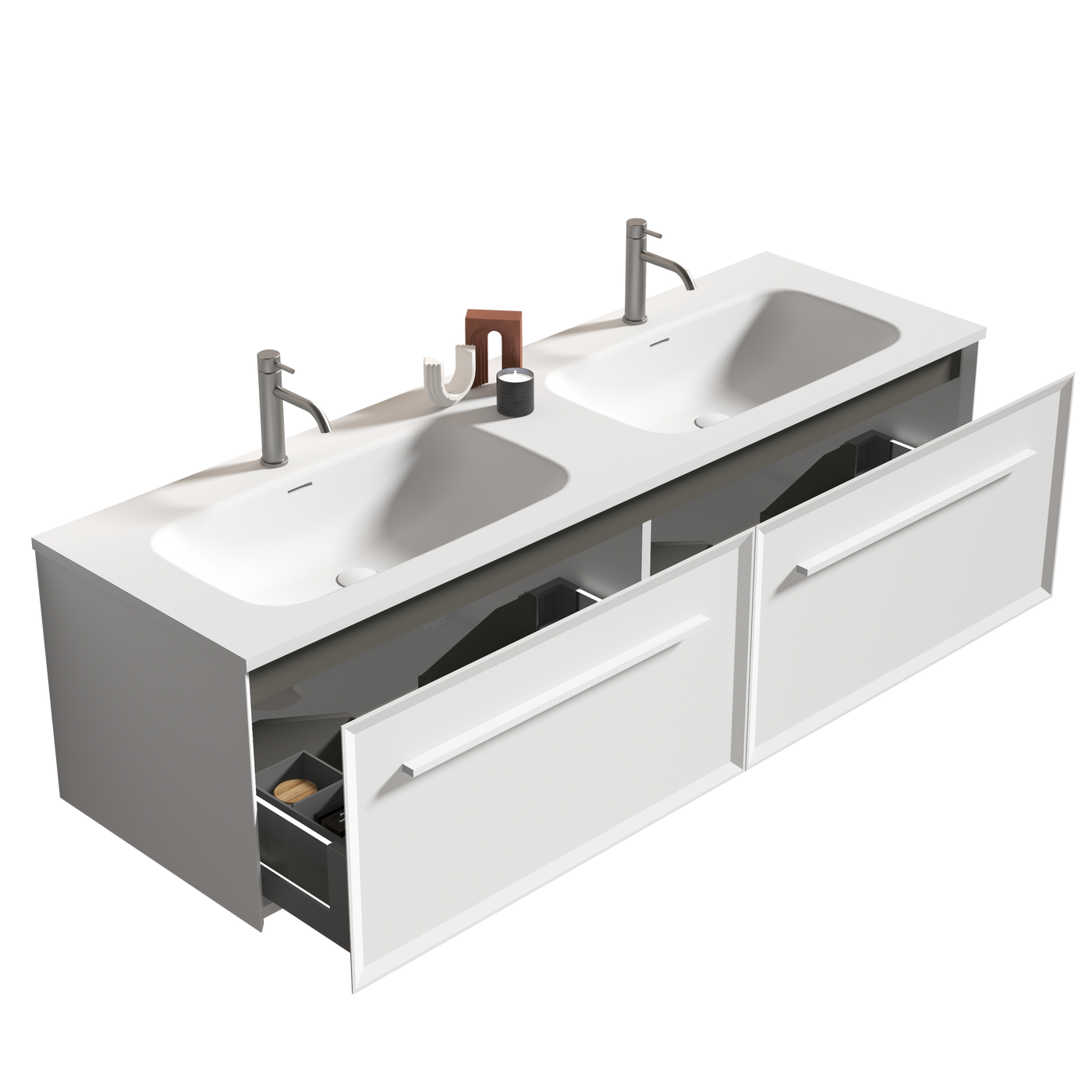 U052-Nevia60W-206 Nevia 60" Matt Snow White Bathroom Vanity with Automatic LED Drawer Light, Wall Mounted Bathroom Vanity with Integrated Solid Surface Sink, WITHOUT Drain, Pre-assembled