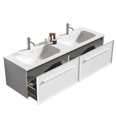 U052-Nevia60W-206 Nevia 60" Matt Snow White Bathroom Vanity with Automatic LED Drawer Light, Wall Mounted Bathroom Vanity with Integrated Solid Surface Sink, WITHOUT Drain, Pre-assembled