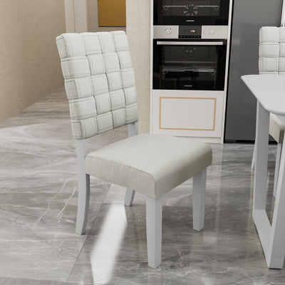 FX-D1 D1DINING SET Include  6*Chair Light Beige ColorLinen & rubber wood White color  legs  And 1*Table  light grey withe color Total 7 pcs