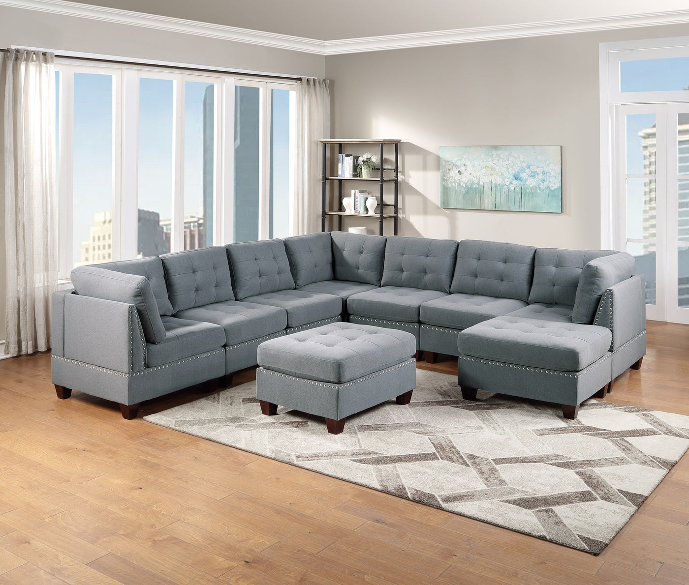 Modular Sectional 9pc Set Living Room Furniture Corner Sectional Tufted Nail heads Couch Gray Linen Like Fabric 3x Corner Wedge 4x Armless Chairs and 2x Ottomans