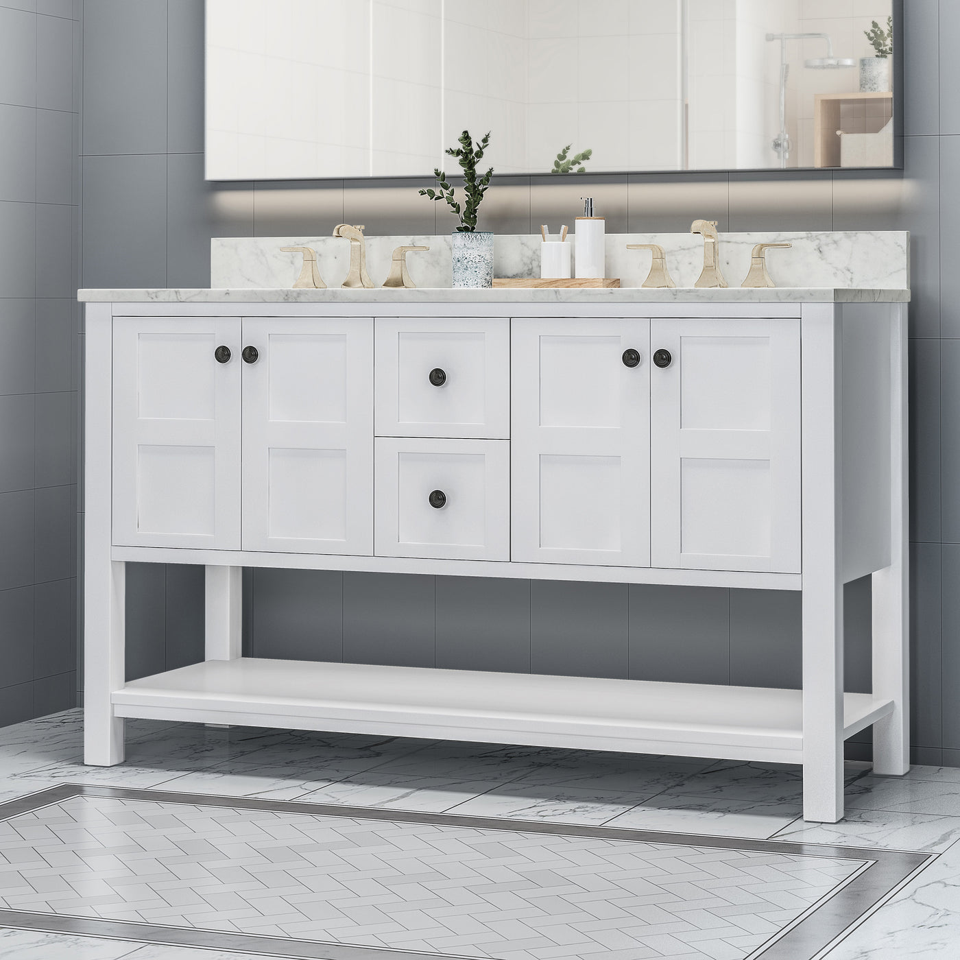 61'' Bathroom Vanity with Marble Top & Double Ceramic Sinks, 4 Doors, 2 Drawers, Open Shelf, White