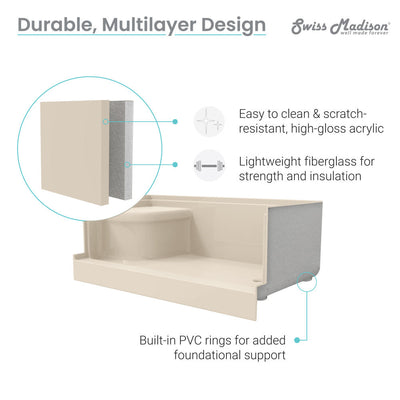 Swiss Madison Aquatique 60" x 32" Single Threshold Shower Base With Right Hand Drain and Integral Left Hand Seat in Biscuit SM-SB538BV