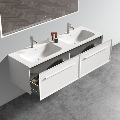 U052-Nevia60W-206 Nevia 60" Matt Snow White Bathroom Vanity with Automatic LED Drawer Light, Wall Mounted Bathroom Vanity with Integrated Solid Surface Sink, WITHOUT Drain, Pre-assembled