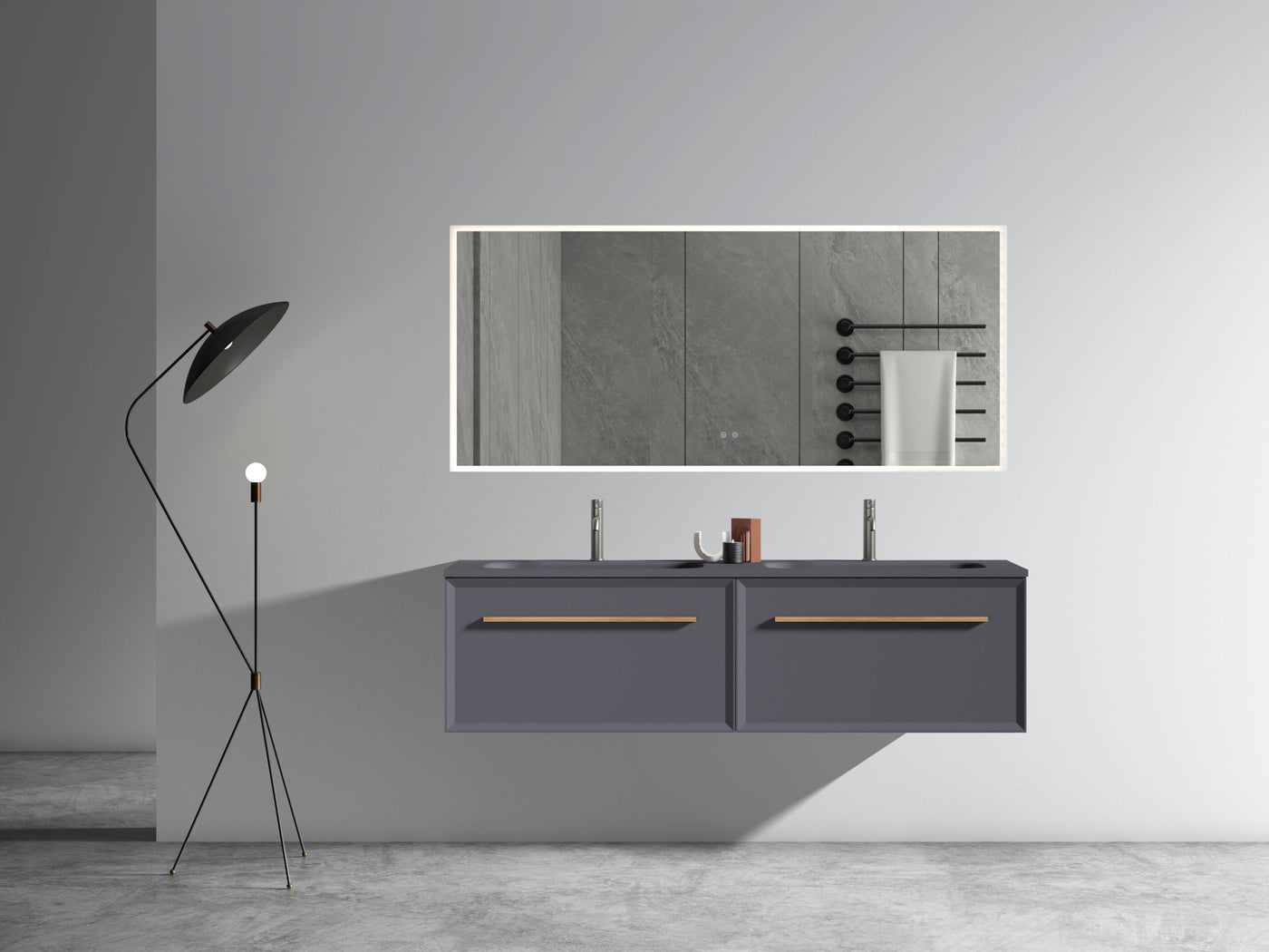 U054-Nevia60W-207 Nevia 60" Exclusive Gray Bathroom Vanity with Gray Solid Surface Sink, Wall Mounted Floating Bathroom Vanity for Modern Bathroom, One-Piece Gray Basin WITHOUT Drain, Pre-assembled