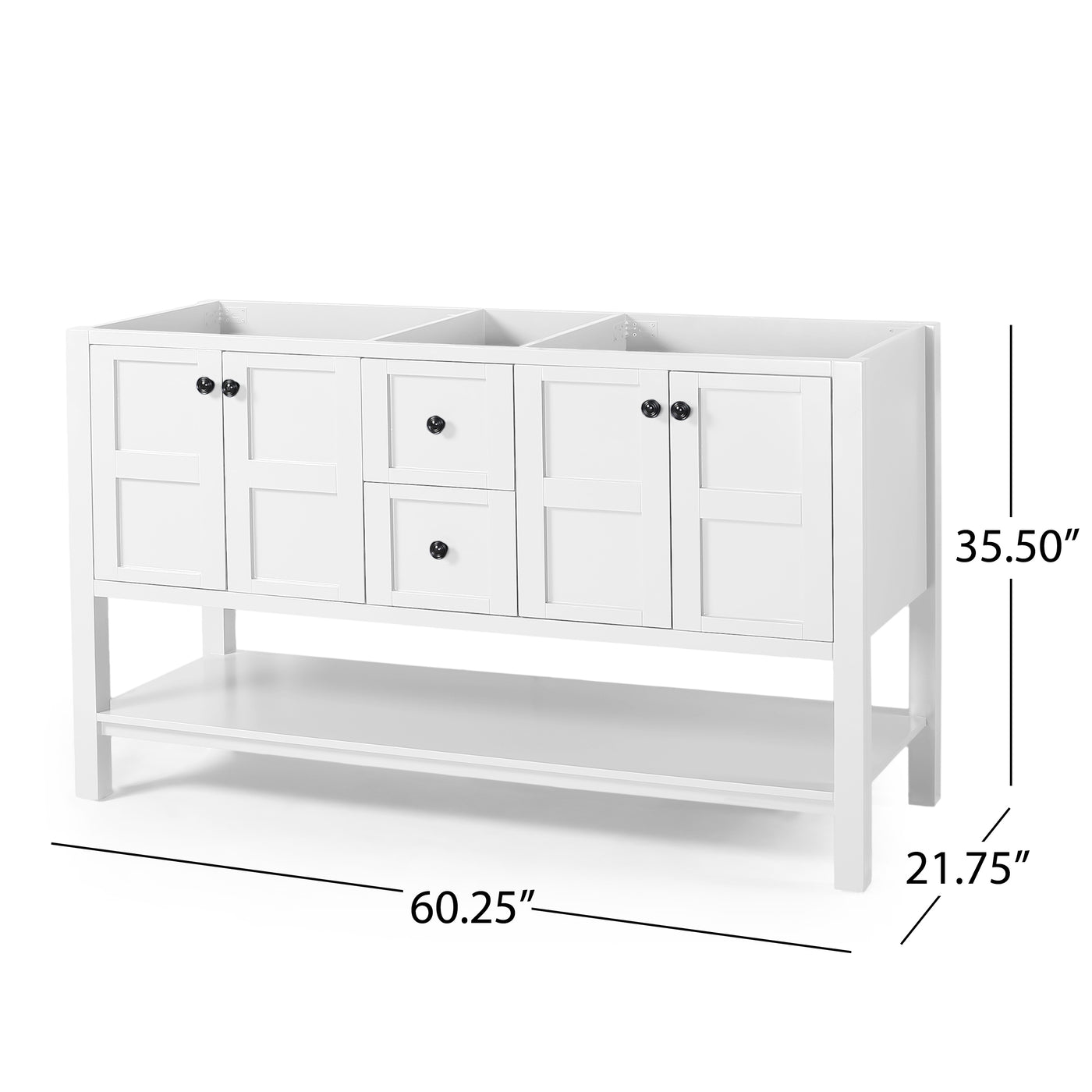 61'' Bathroom Vanity with Marble Top & Double Ceramic Sinks, 4 Doors, 2 Drawers, Open Shelf, White