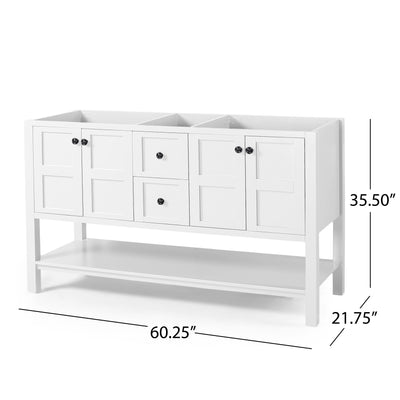 61'' Bathroom Vanity with Marble Top & Double Ceramic Sinks, 4 Doors, 2 Drawers, Open Shelf, White