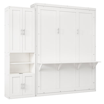 Queen Size Murphy Bed with 1 Side Cabinet Storage Shelf, 68-inch Cabinet Bed Folding Wall Bed with Desk Combo Perfect for Guest Room, Study, Office,White(old sku:BS300491AAC)