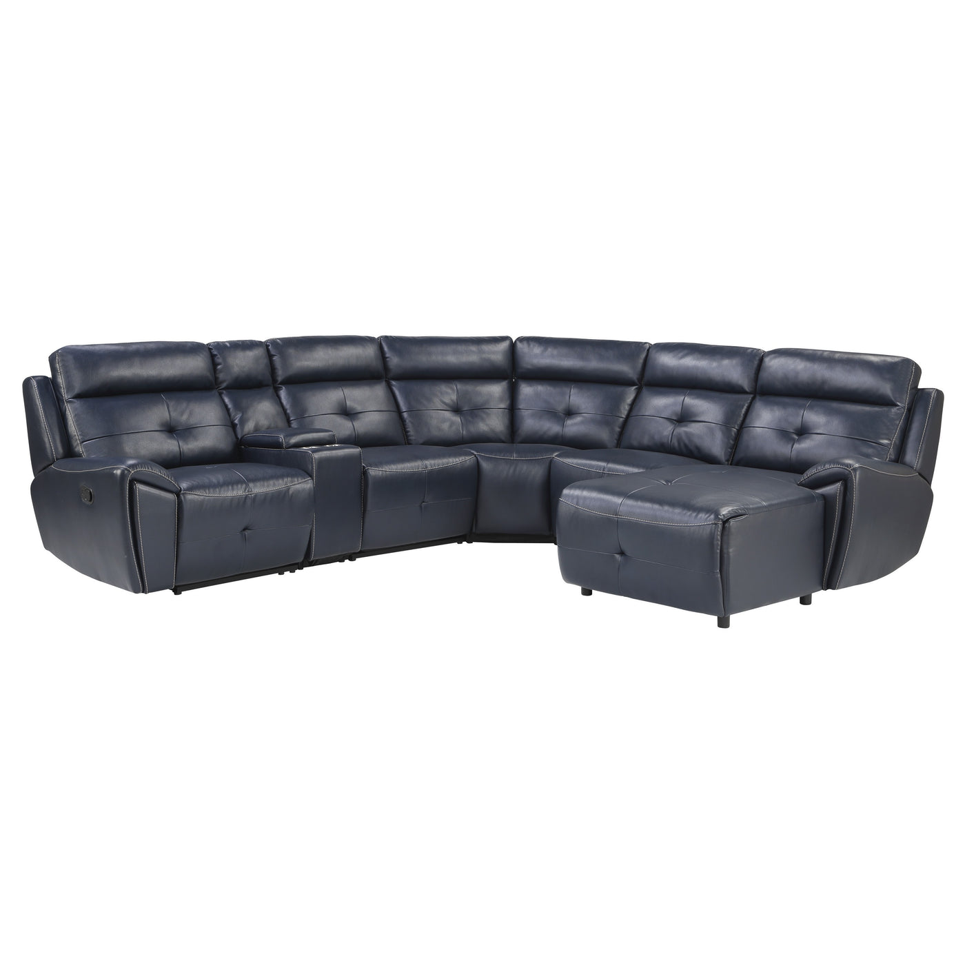 6-Piece Modular Reclining Sectional with Right Chaise Navy Blue Premium Faux Leather Tufted Details Solid Wood Modern Living Room Furniture Plush Pillow-Back Seating