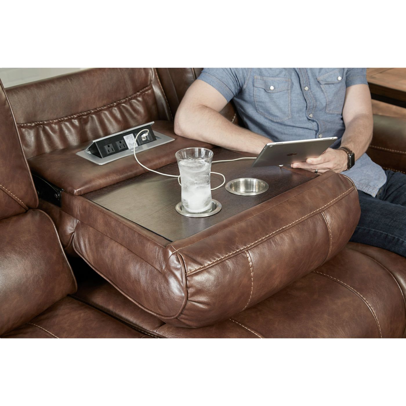 Achern Brown Leather-Air Nailhead Manual Reclining Sofa and Loveseat with Storage Console and USB Port