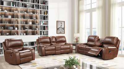 Achern Brown Leather-Air Nailhead Manual Reclining 3-Piece Sofa Set