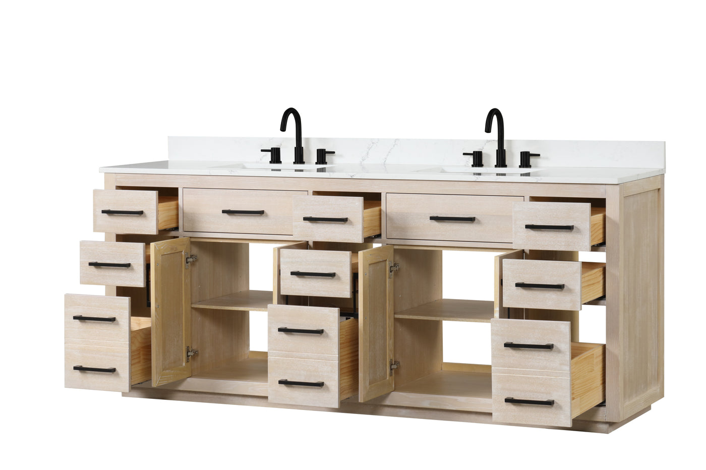 84" Bathroom Vanity with Double Sink, Modern Bathroom Vanity Set with Soft-Close Cabinet and 9 Drawers, Solid Wood Bathroom Storage Cabinet with Countertop and Backsplash, Milk Oak