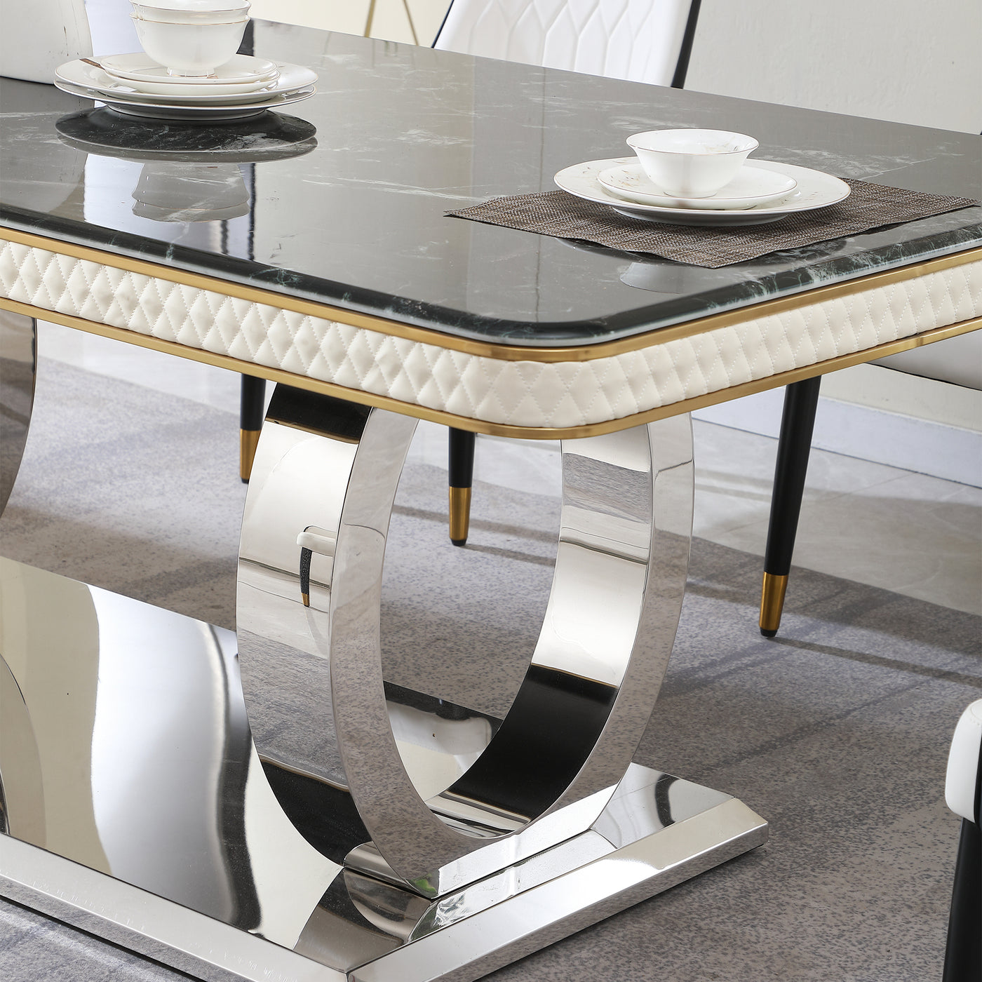 Luxury Modern Dining Table 78.7inch Black Dining Table with 8 chairs  Faux Marble Dining Table Top with Titanium-Plated Dual Circle Base with 8pcs Chairs  .