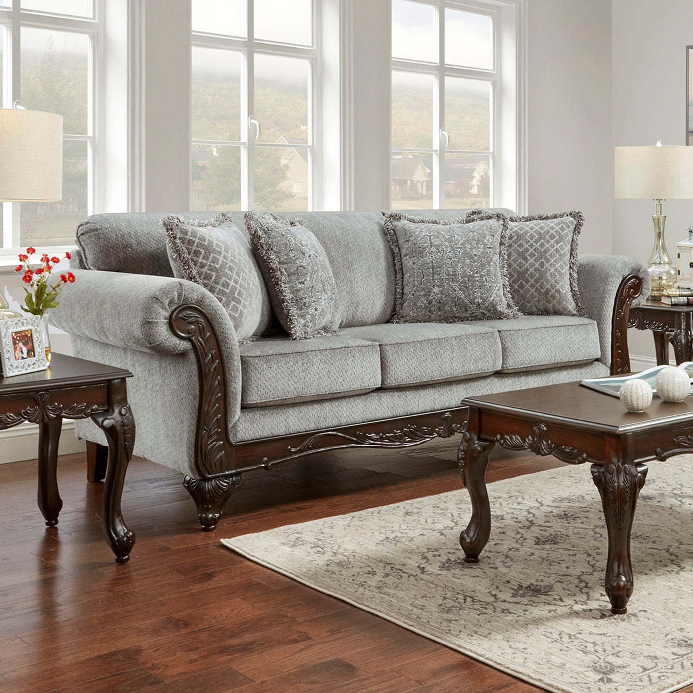 Hernen Carved Wood Frame Gray 5-Piece Living Room Set