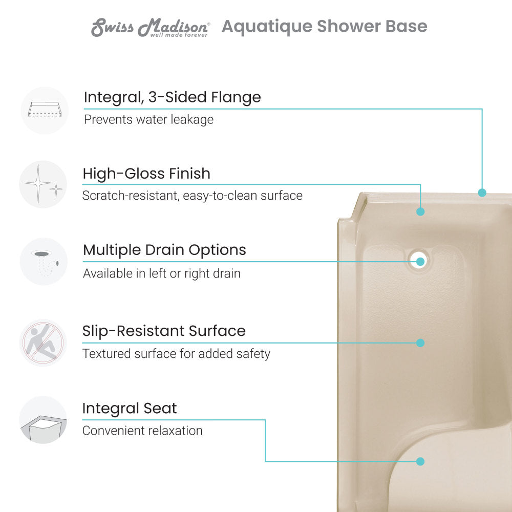 Swiss Madison Aquatique 60" x 32" Single Threshold Shower Base With Left Hand Drain and Integral Right Hand Seat in Biscuit SM-SB537BV