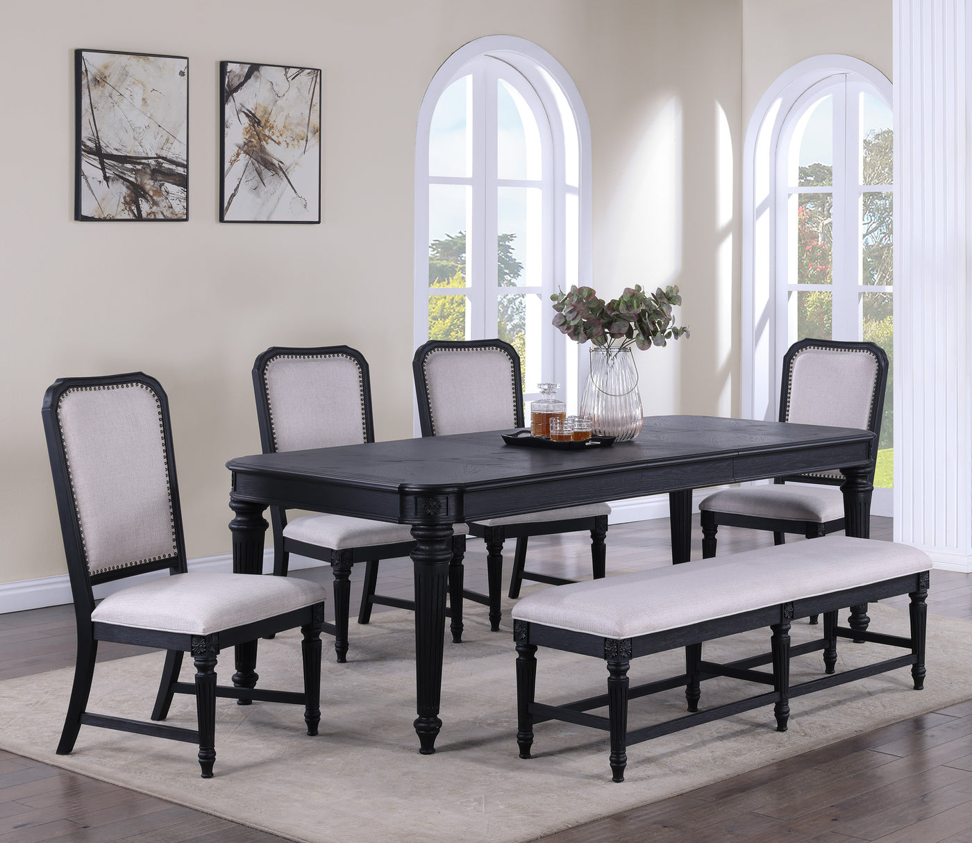 Formal Traditional 6pc Dining Room Set Dark Brown Finish 18" Extension Leaf Table Tufted Upholstered Chairs Bench Beautiful Carved Legs Dining Room Furniture