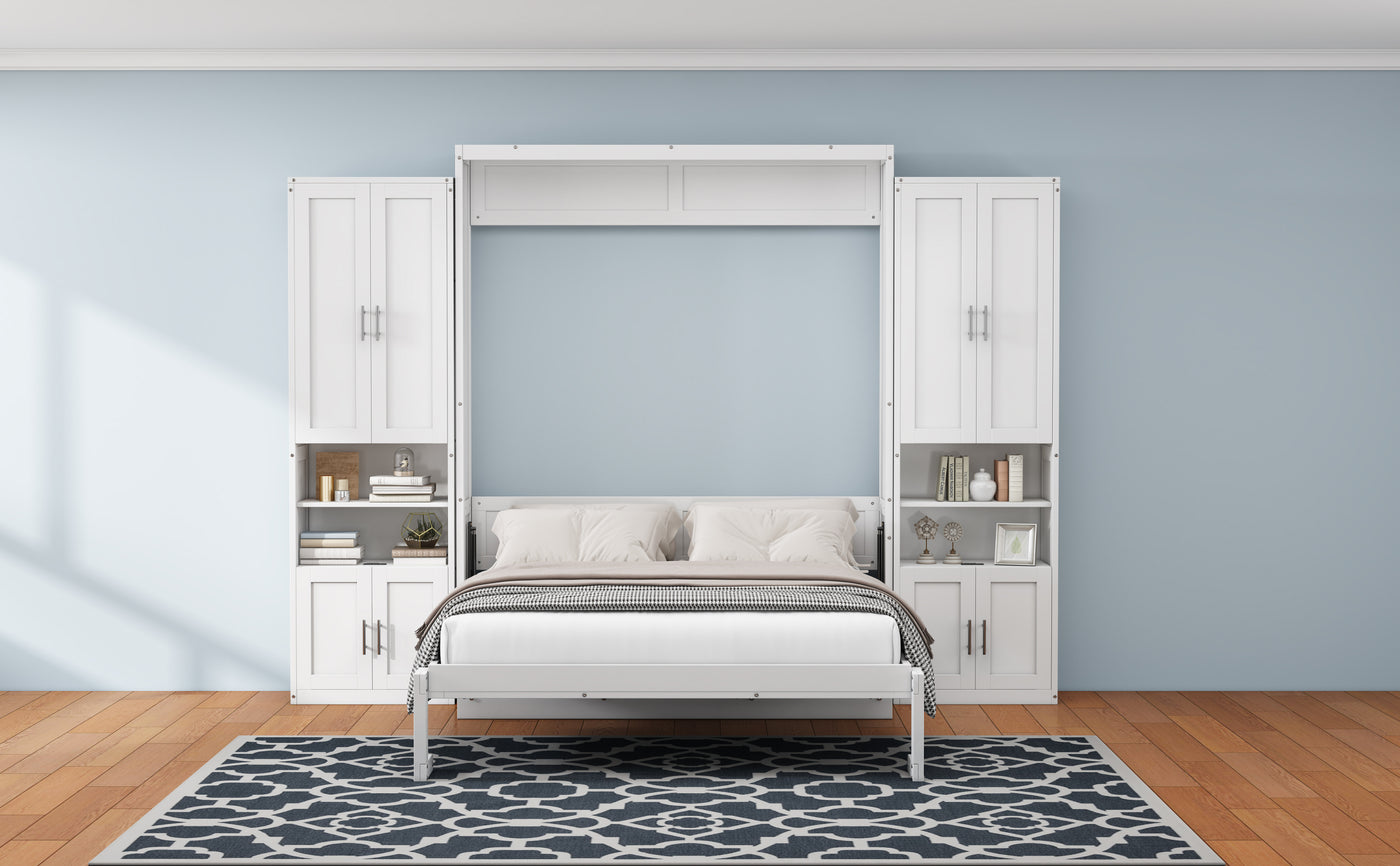 Queen Size Murphy Bed with 2 Side Cabinet Storage Shelves, 68-inch Cabinet Bed Folding Wall Bed with Desk Combo Perfect for Guest Room, Study, Office,White(old sku:BS400491AAC)