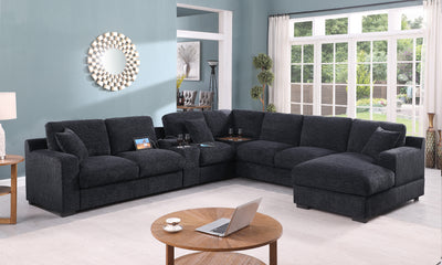 Celine 141.5" Dark Gray Chenille Fabric Corner Sectional Sofa with Right-Facing Chaise, Cupholders, and Charging Ports