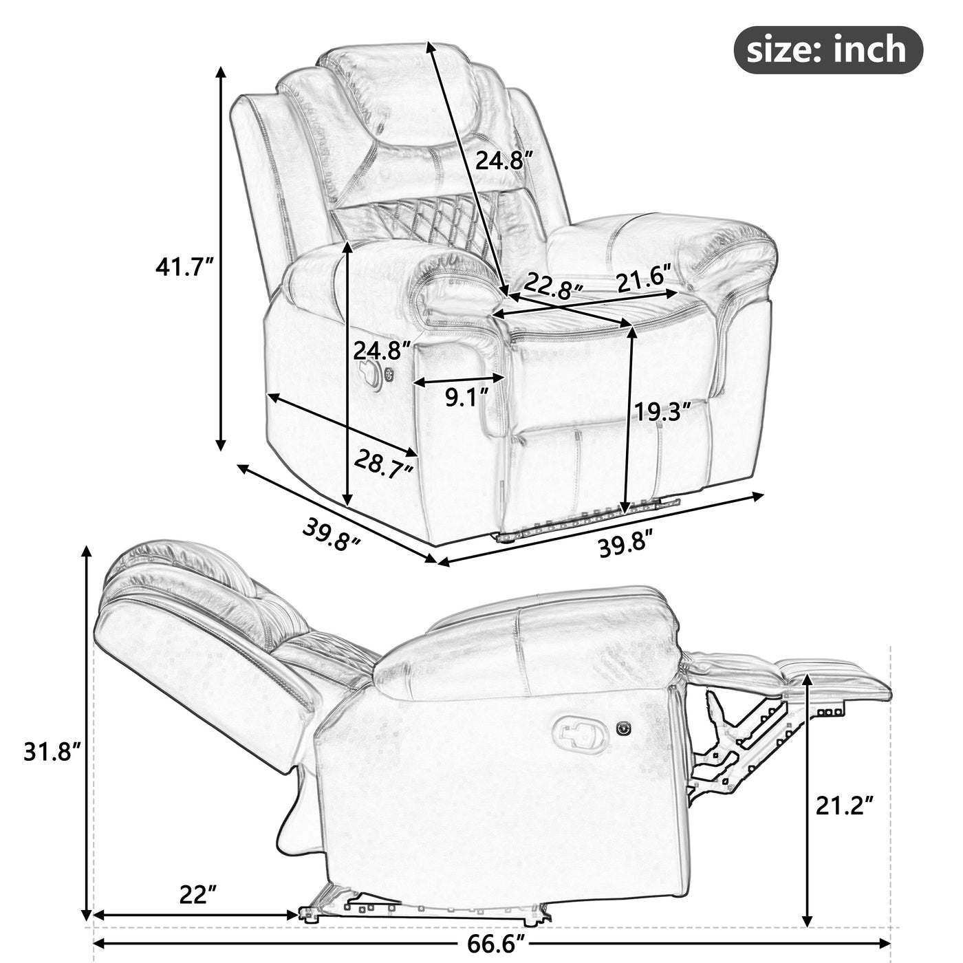 3 Pieces Recliner Sofa Sets Home Theater Seating Manual Recliner Chair with Center Console and LED Light Strip for Living Room, Brown