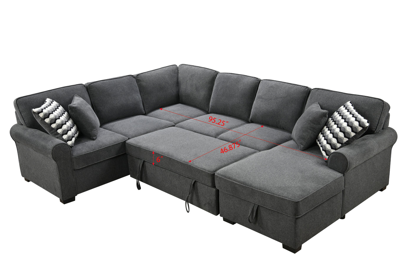 117" Oversized Sectional Sofa with Storage Chaise, Rolled Arms U Shaped Sectional Couch ,Removable Soft Backrest Cushions, with 4 Throw Pillows for Large Space Dorm Apartment,Dark Gray