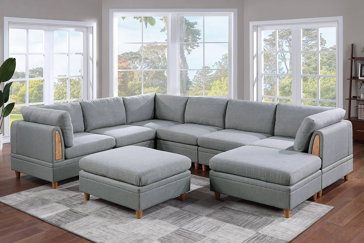 Living Room Furniture 8pc Sectional Sofa Set Light Grey Dorris Fabric Couch 3x Wedges 3x Armless Chair And 2x Ottomans