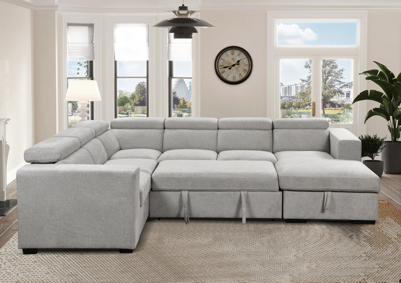 123" Modern U Shaped 7-seat Sectional Sofa Couch with Adjustable Headrest, Sofa Bed with Storage Chaise-Pull Out Couch Bed for Living Room ,Light Gray