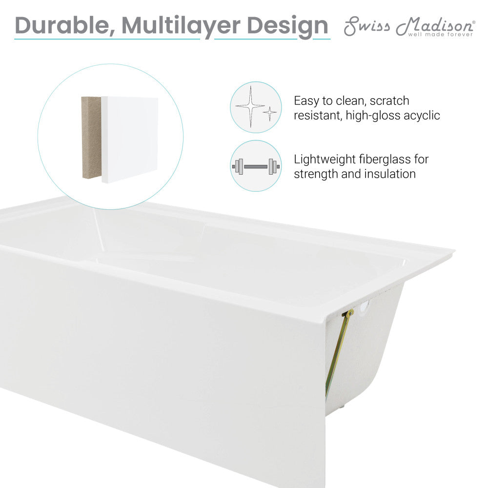 Swiss Madison Voltaire 72" x 36" Right-Hand Drain Alcove Bathtub with Apron and Armrest SM-AB555